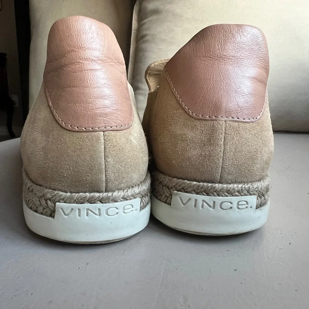 Vince Women 6.5 M‎ Tan Suede Espadrille Slip On Sneakers Braided Jute Platform